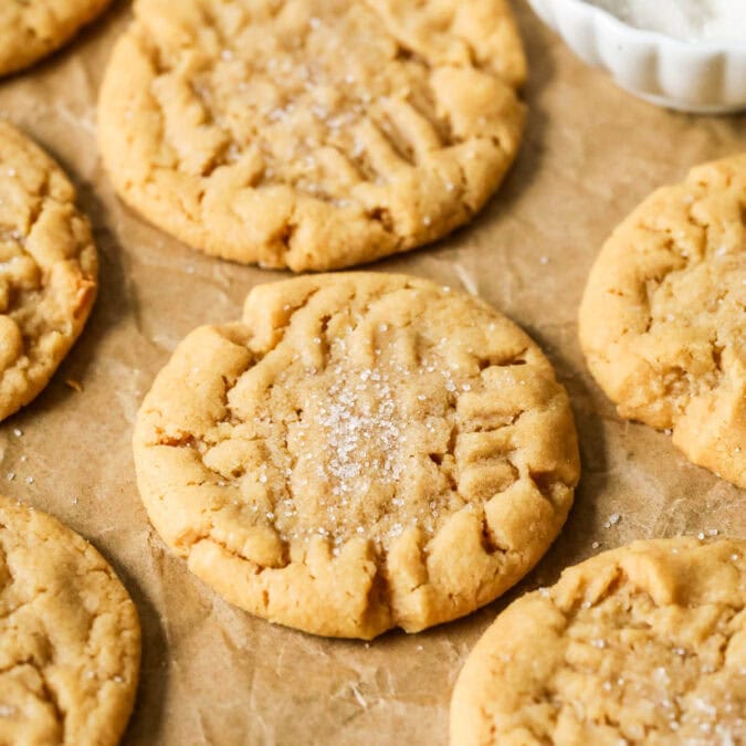 Sourdough peanut butter cookies with sugared tops on brown parchment paper.