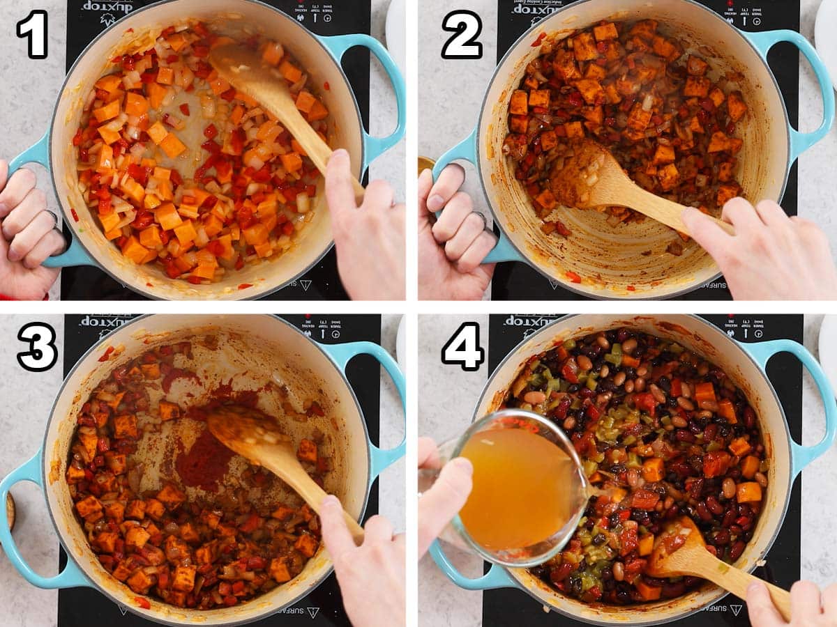 Four photos showing chili being prepared with sweet potatoes, peppers, onions, and beans.