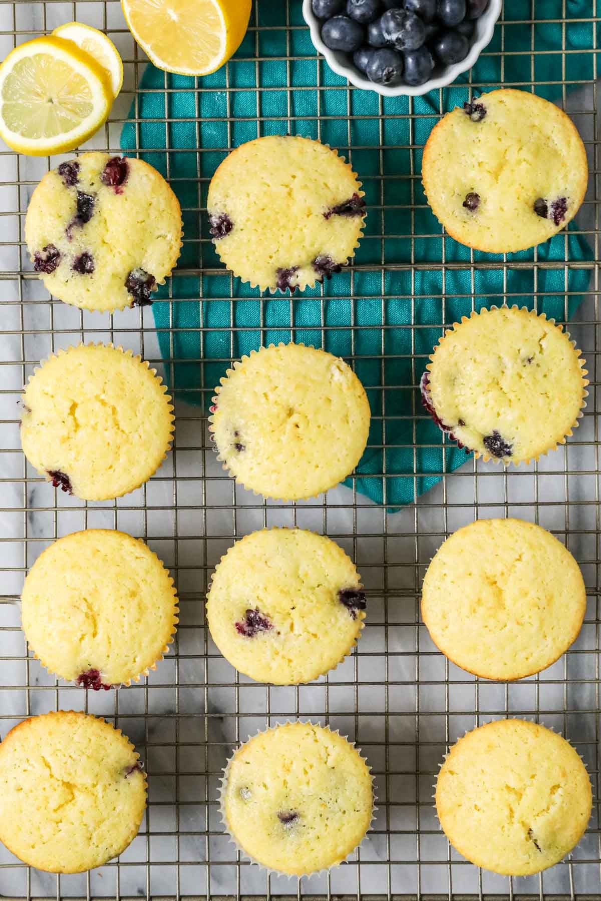 Overhead view of unfrosted lemon blueberry cupcakes on a cooling rack.