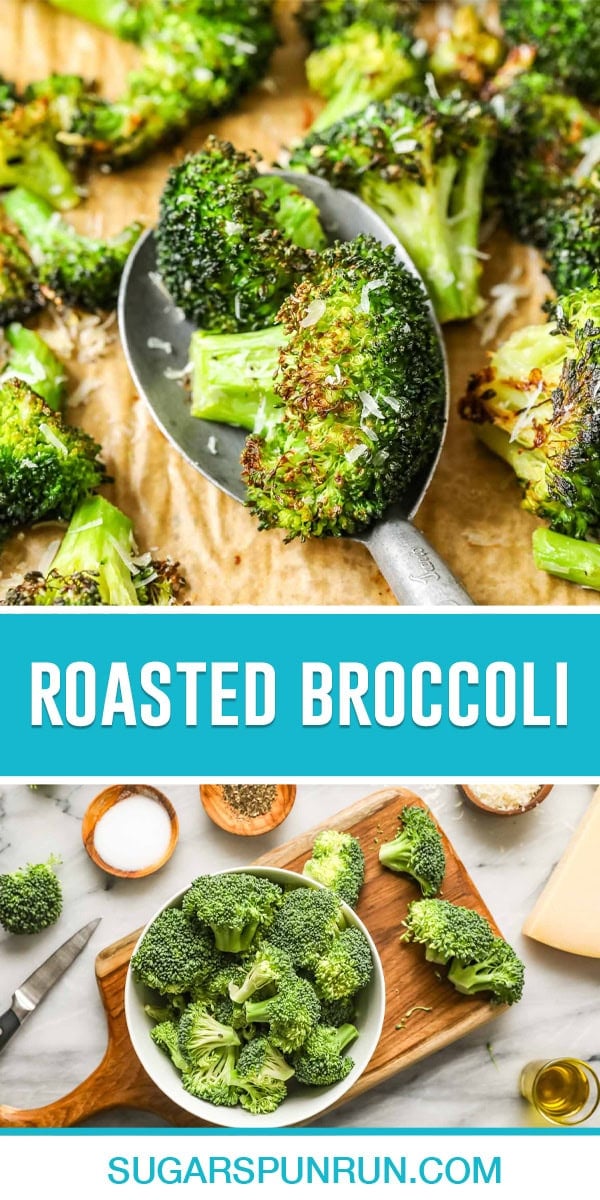 collage of roasted broccoli, top image is a close up of roasted broccoli in metal spoon, bottom image of broccoli being prepped on wood cutting board