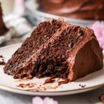 Slice of sourdough chocolate cake with a bite missing.