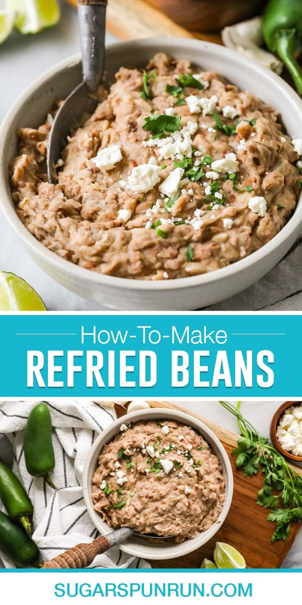 collage of refried beans, top image is a close up with spoon, bottom image full bowl photographed from above