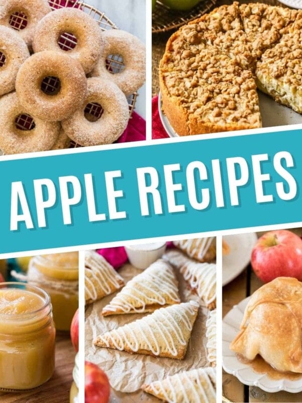 Collage of apple recipes including apple cider donuts, apple pie cheesecake, applesauce, apple turnovers, and apple dumplings.