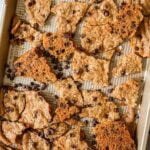 Overhead view of cookie brittle on a baking sheet.