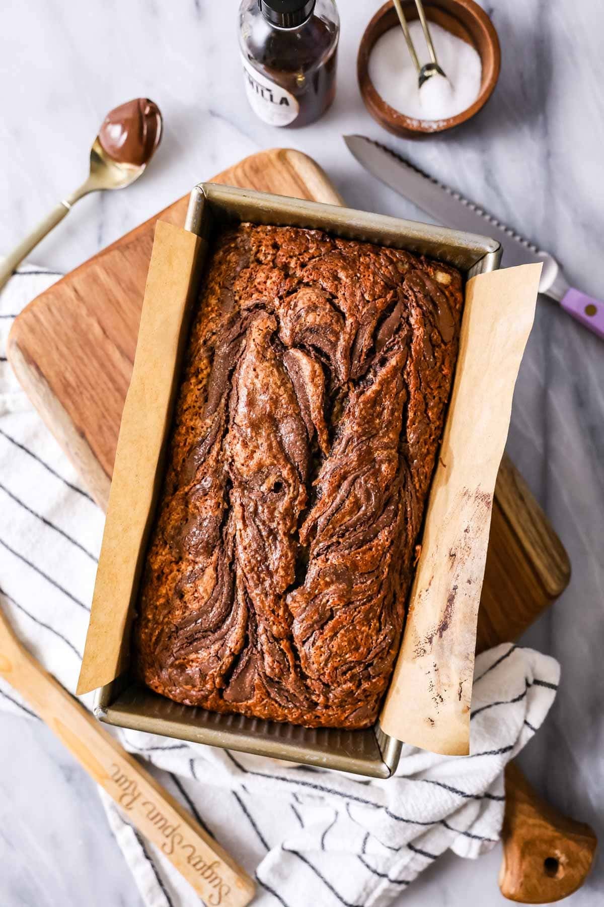 Overhead view of Nutella banana bread loaf after baking.