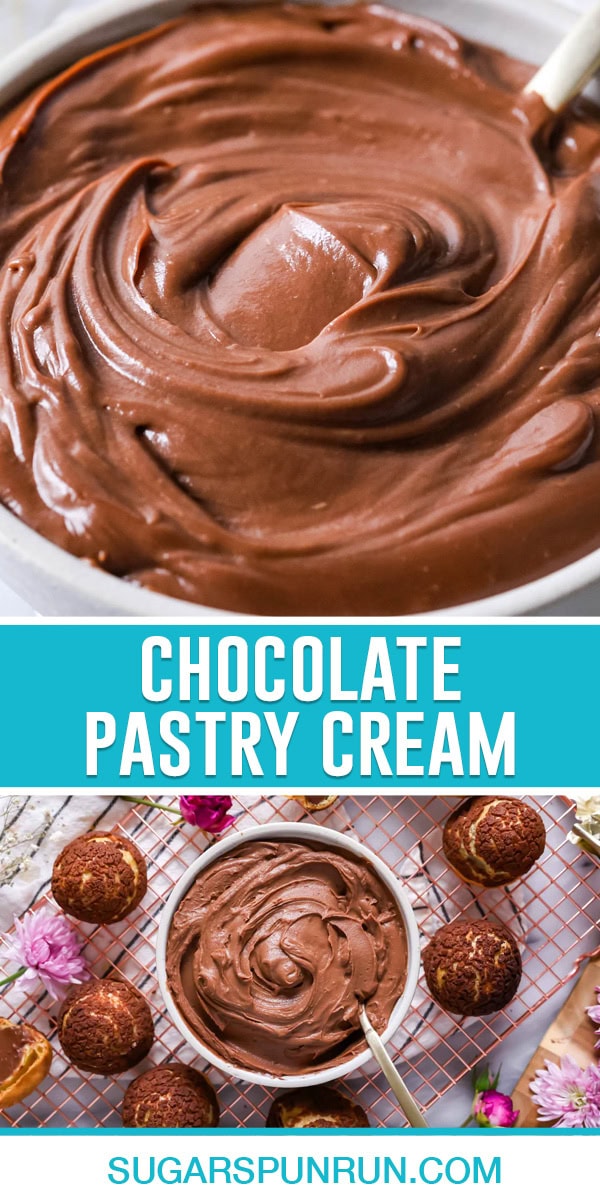 collage of chocolate pastry cream, top image is a close up of cream in bowl, bottom image same bowl photographed from above surrounded by pastries