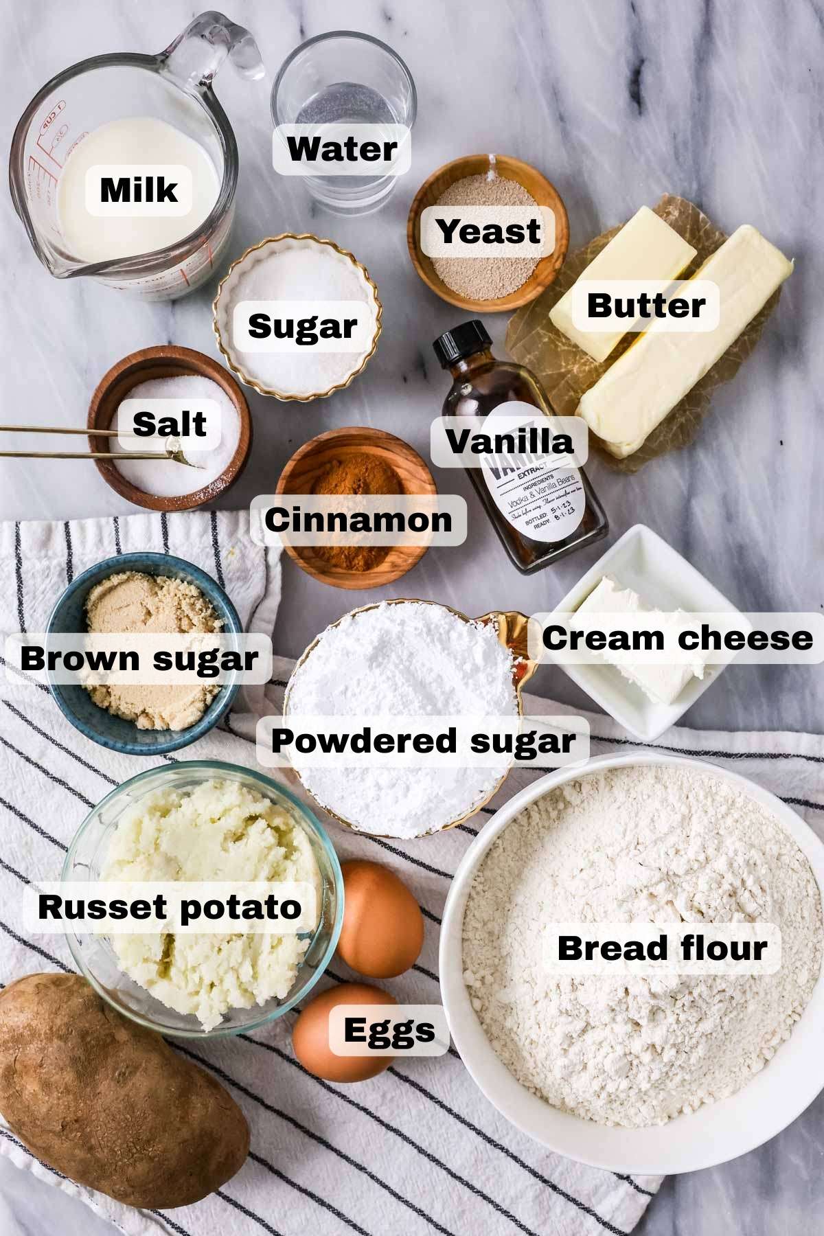 Ingredients for amish cinnamon rolls.