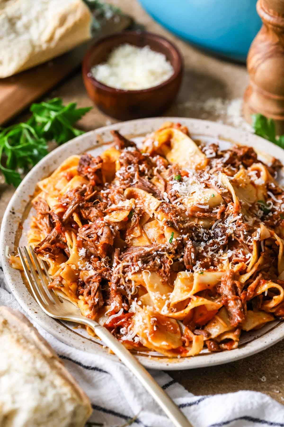 Plate of short rib ragu over pappardelle pasta topped with grated parmesan cheese.