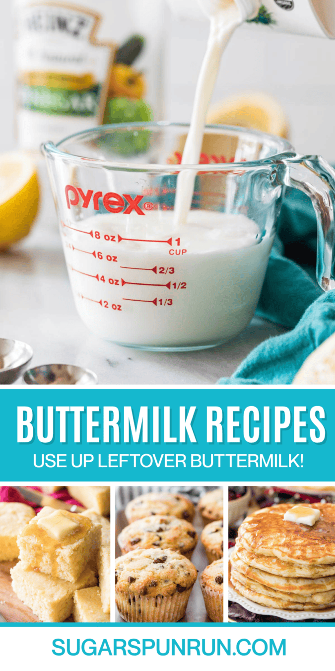 Pinterest collage of buttermilk recipes including buttermilk cornbread, chocolate chip muffins, and buttermilk pancakes.