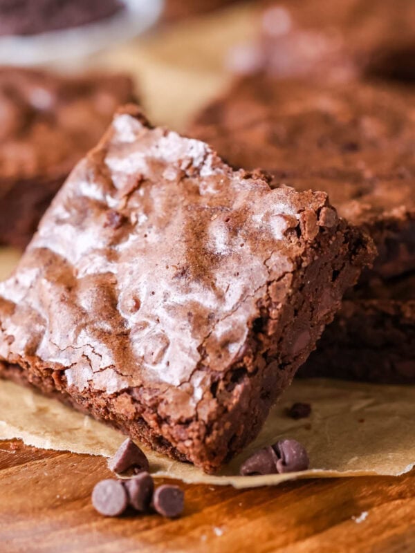 Shiny, crackly topped brownie made from a brownie recipe with cocoa powder.
