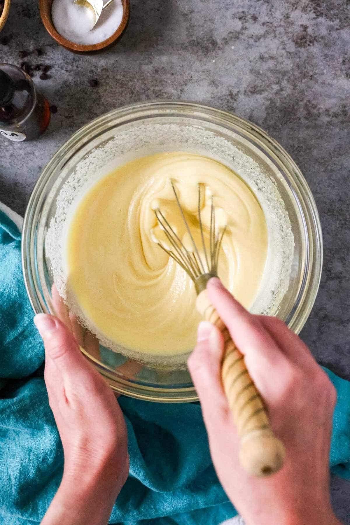 Thickened sugar and egg mixture after vigorously whisking.