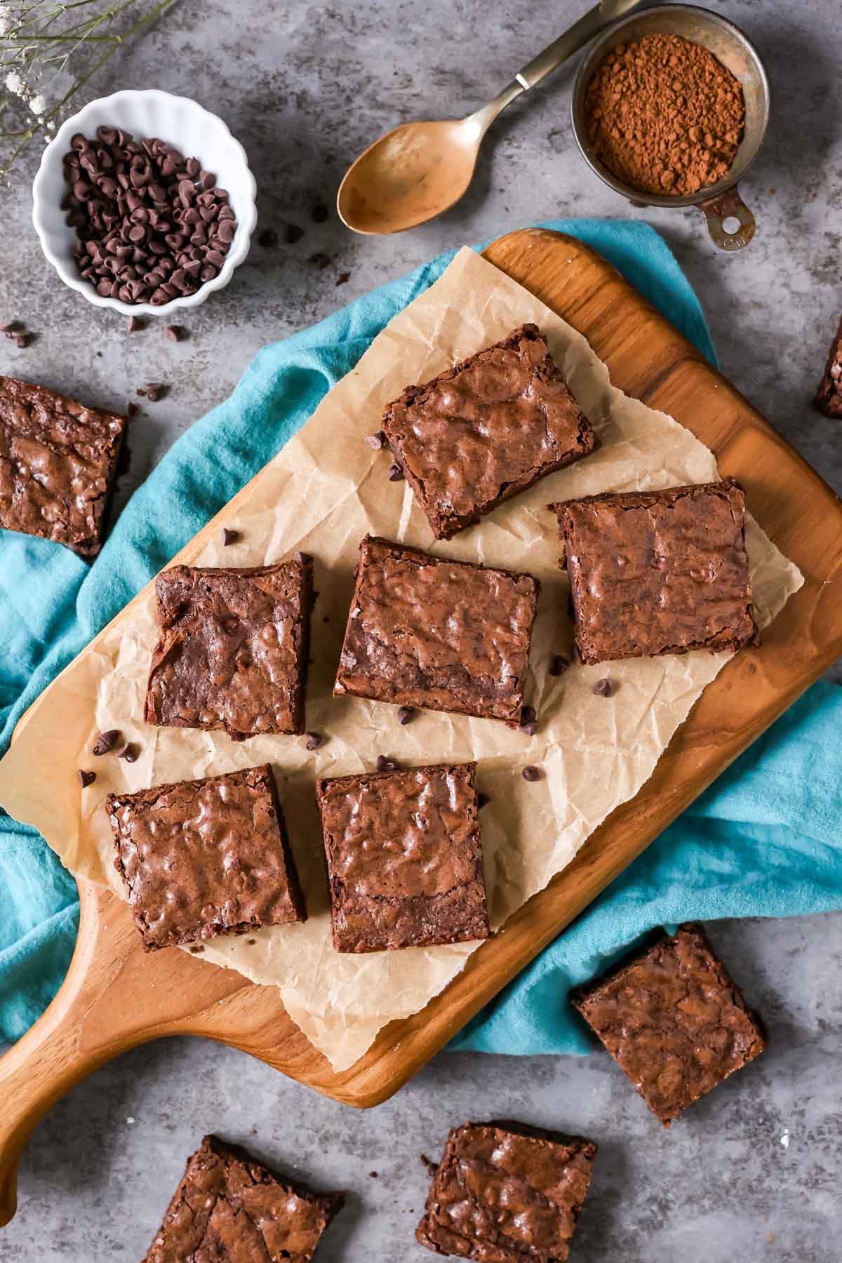 Overhead view of brownies made with cocoa powder instead of melted chocolate.