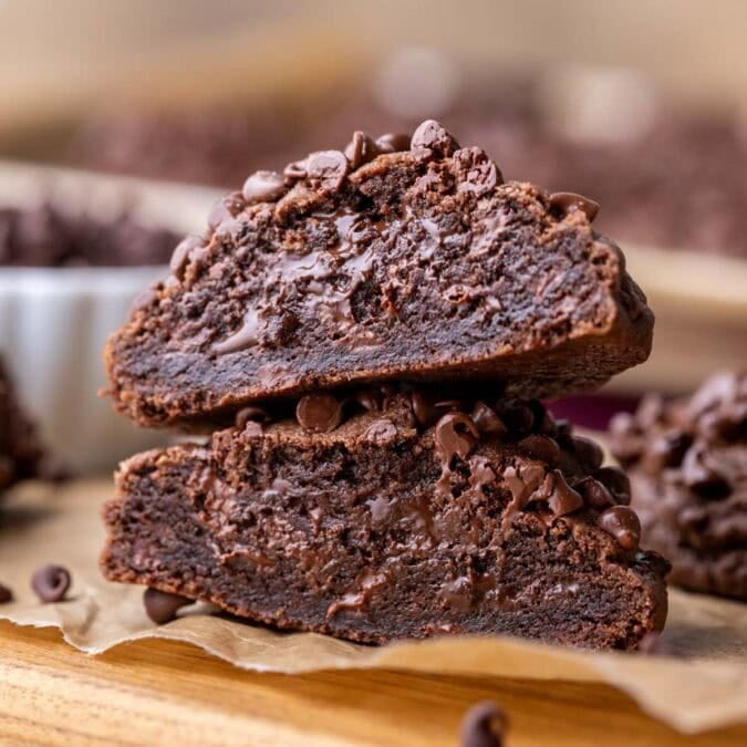 Cross section of thick, bakery style chocolate cookies.
