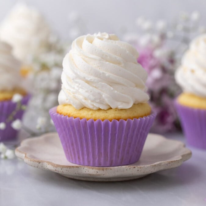 Cupcake topped with a tall swirl of swiss meringue buttercream frosting.